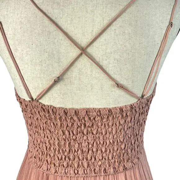 Free People One X-Small Adella Slip Mini Dress Rose Crochet Lace Flowy Smocked - Picture 7 of 12